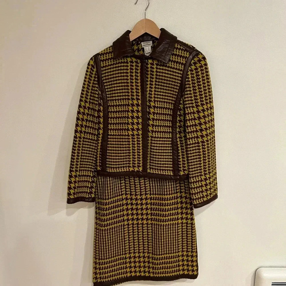 VTG PHILOSOPHY DI ALBERTA FERRETTI Wool houndstooth leather Skirt Jacket Set S - Picture 3 of 16